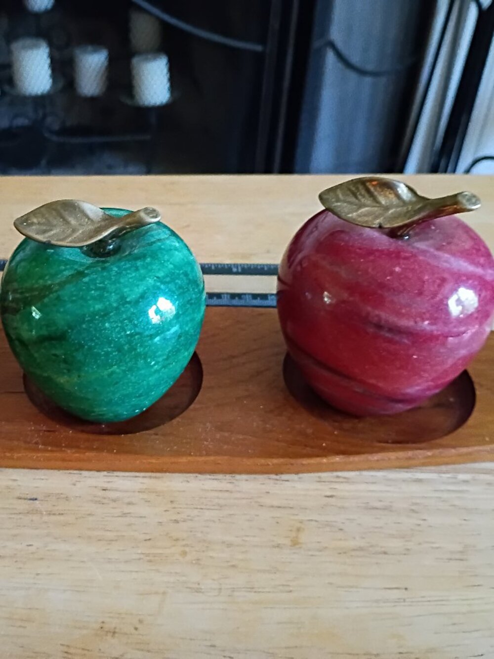 Vintage Marble Alabaster Stone Apples With Brass Leaves & Teak Wood Display Tray